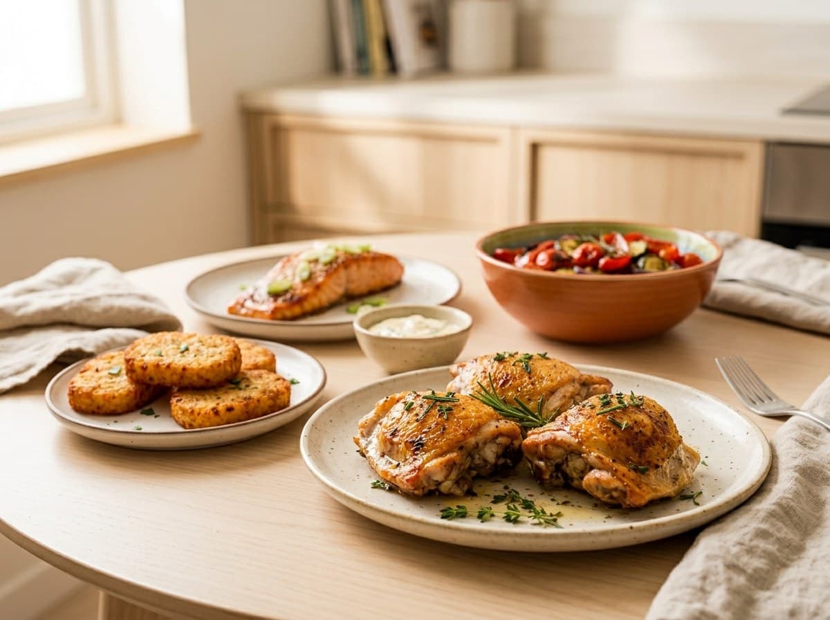 Une table dressée : cuisses de poulet dorées au thym, saumon laqué, légumes rôtis et hash browns
